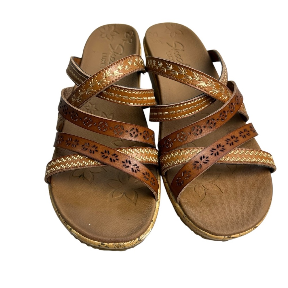 Skechers Beverlee Tiger Leather Strappy Size 6 Brown Cork Wedge Sandals - Picture 9 of 15